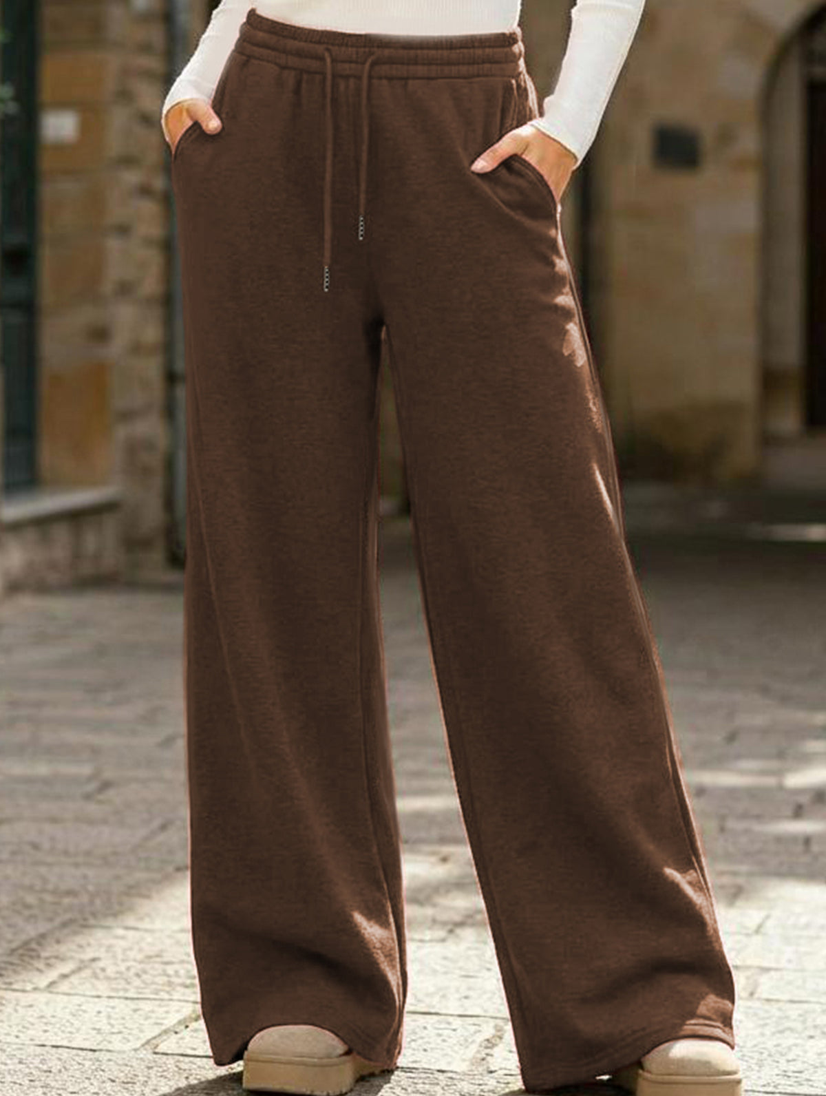 Casual fleece-lined loose wide-leg trousers