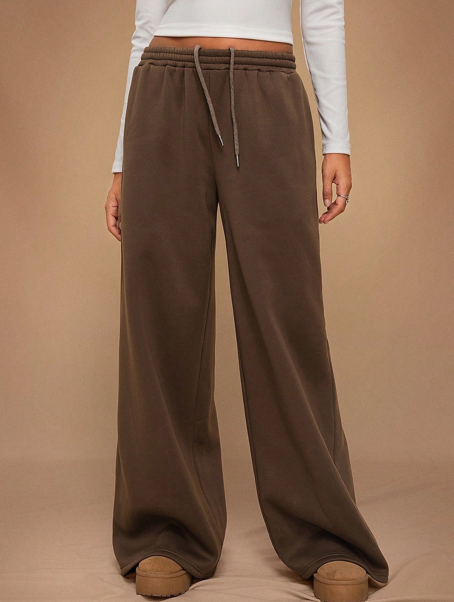 Casual fleece-lined loose wide-leg trousers