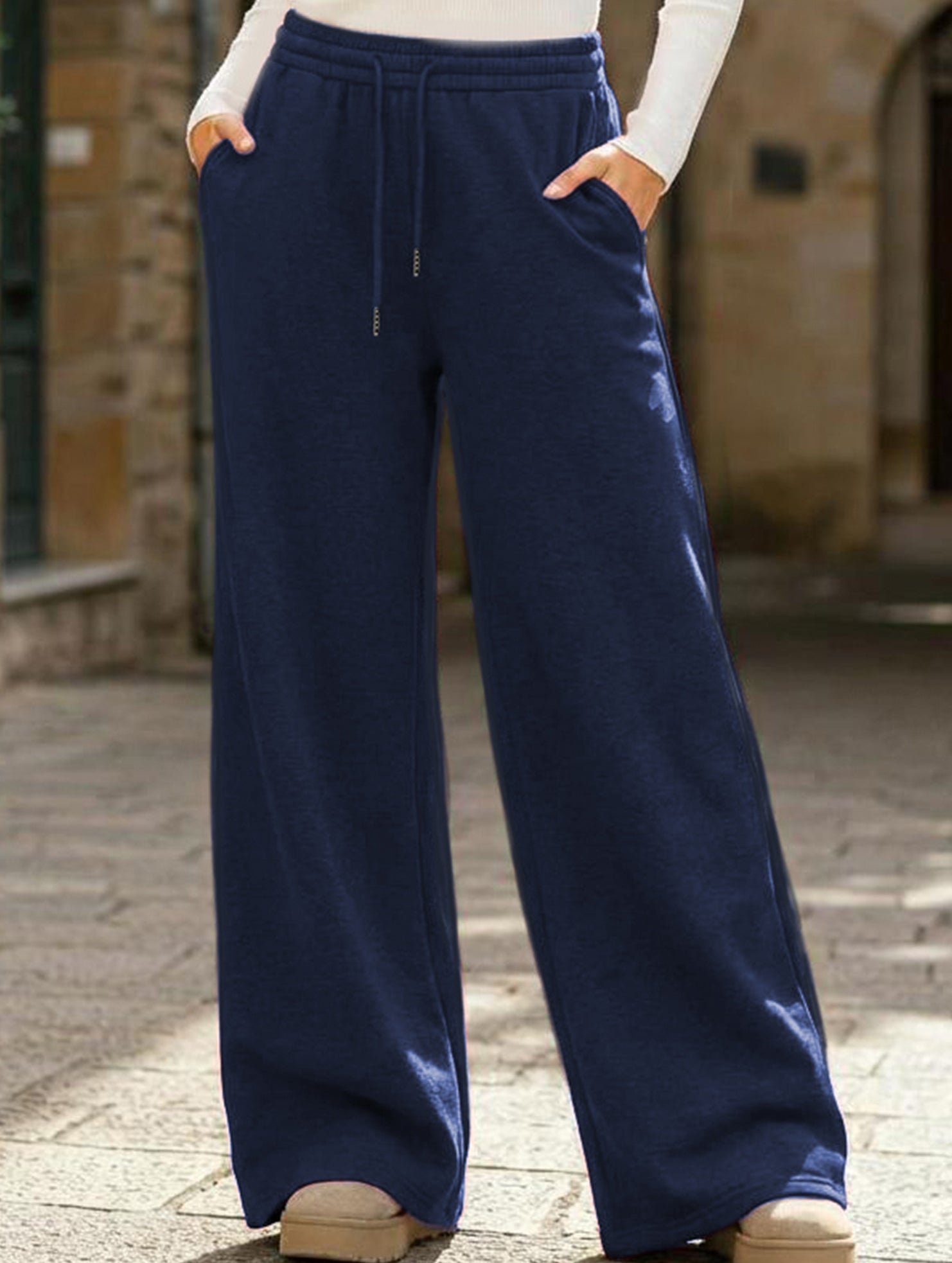 Casual fleece-lined loose wide-leg trousers