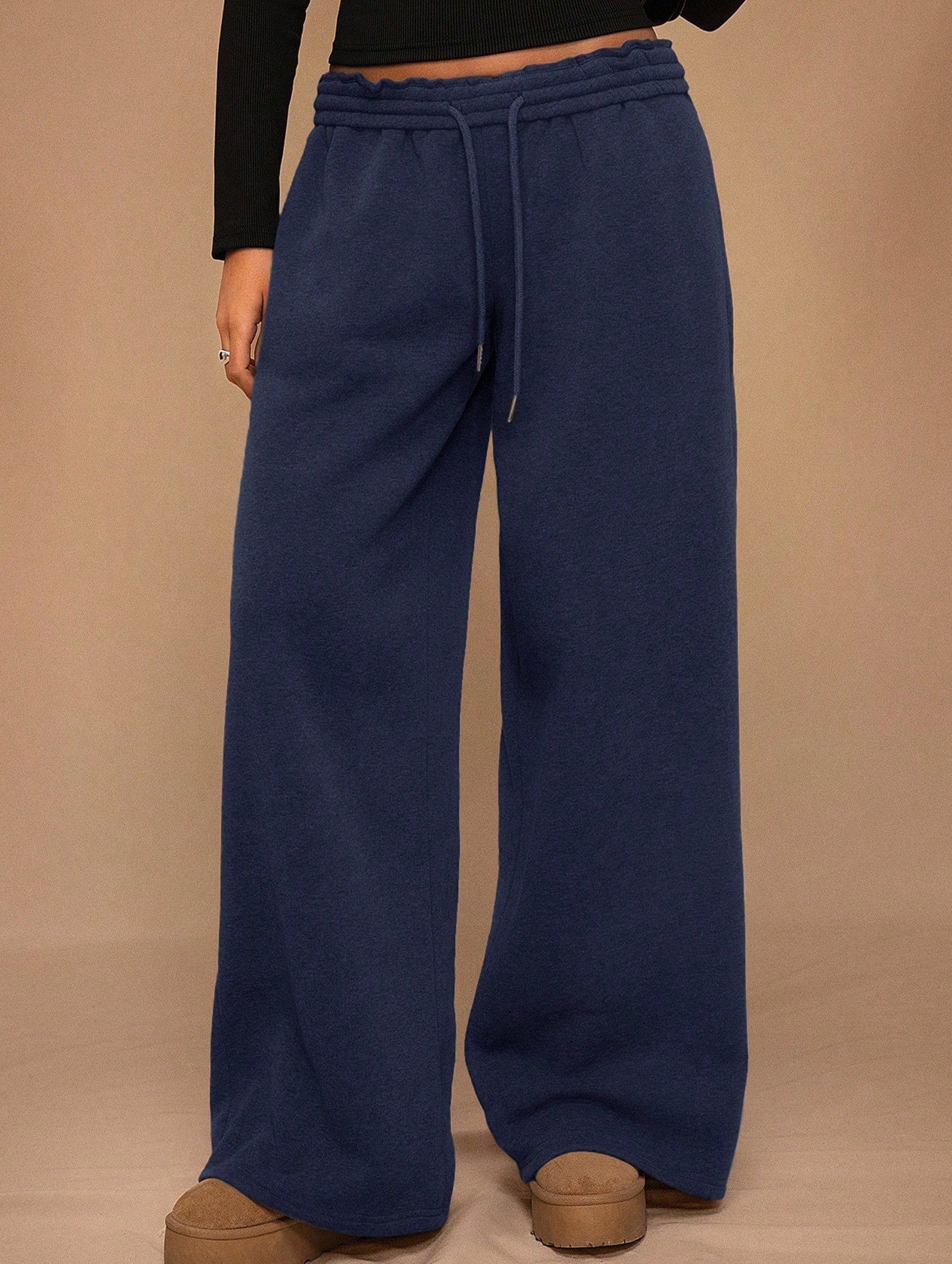 Casual fleece-lined loose wide-leg trousers
