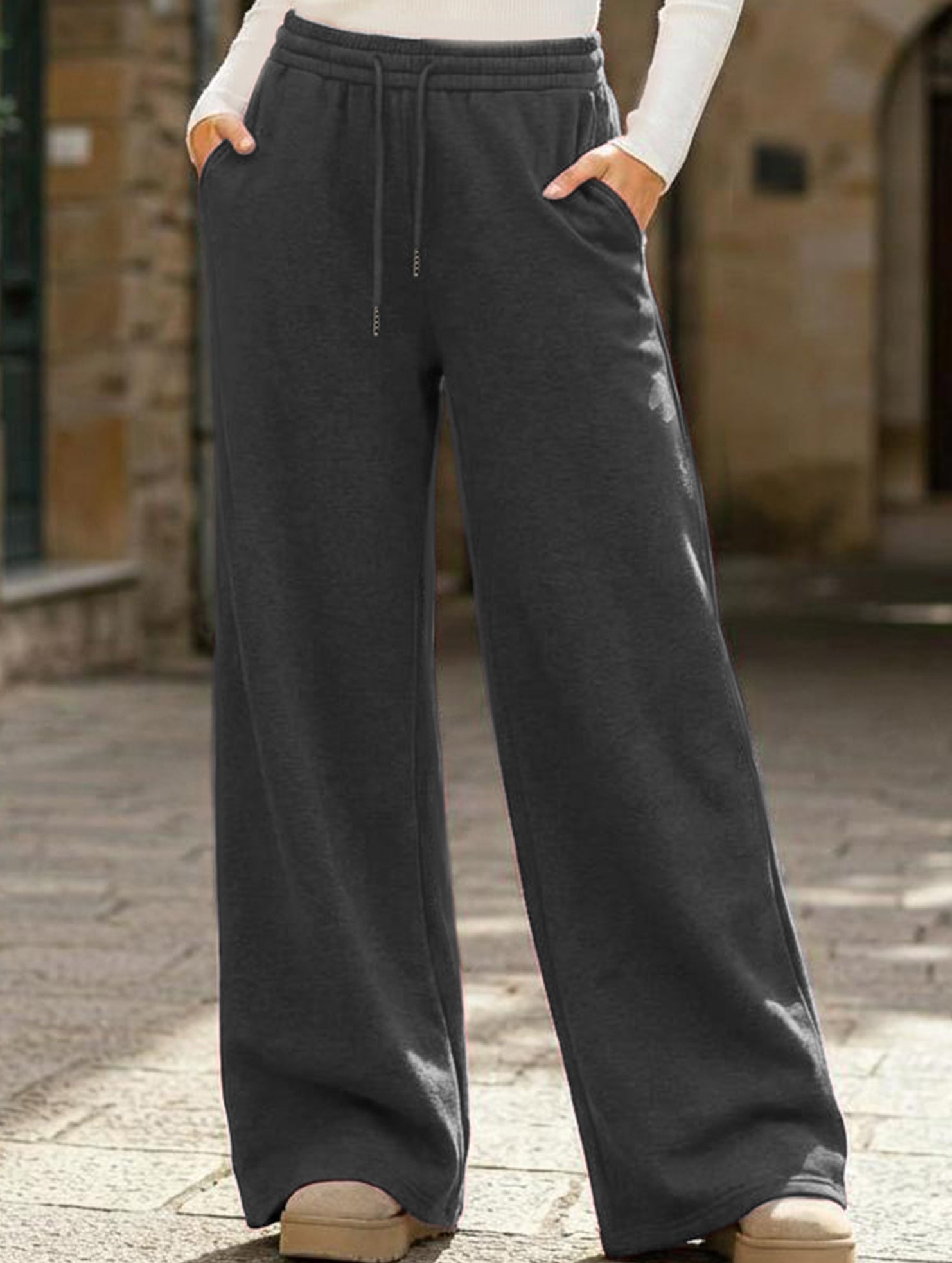 Casual fleece-lined loose wide-leg trousers
