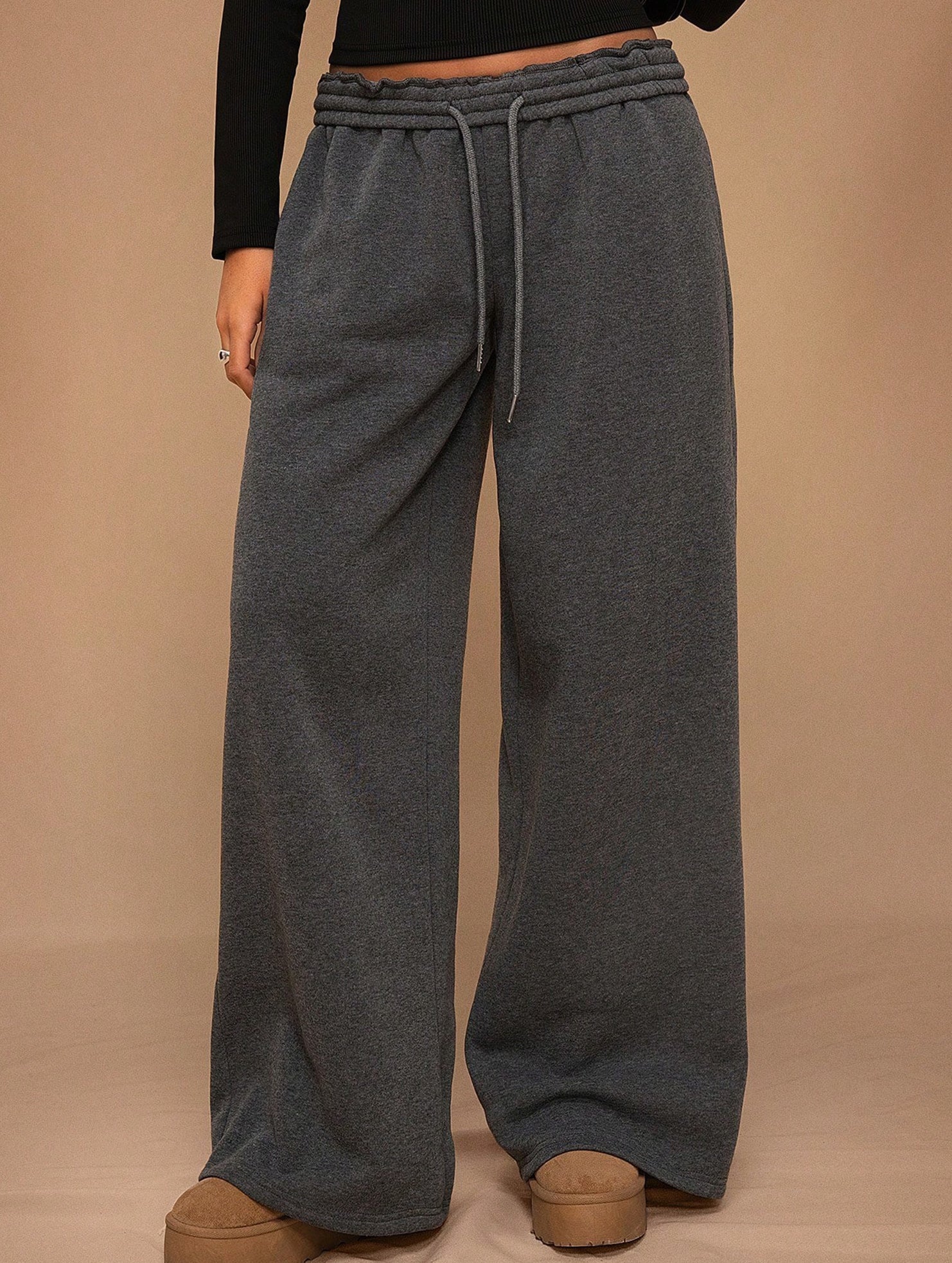 Casual fleece-lined loose wide-leg trousers