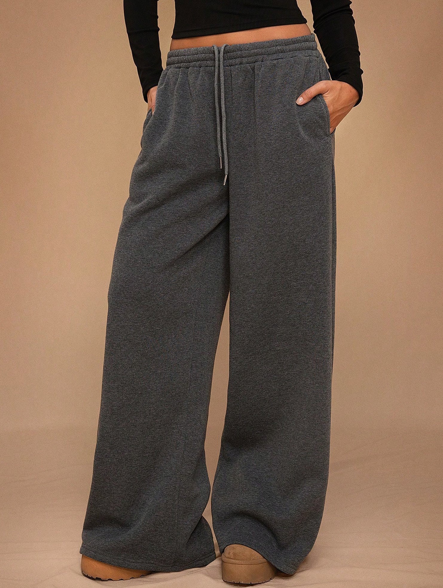 Casual fleece-lined loose wide-leg trousers