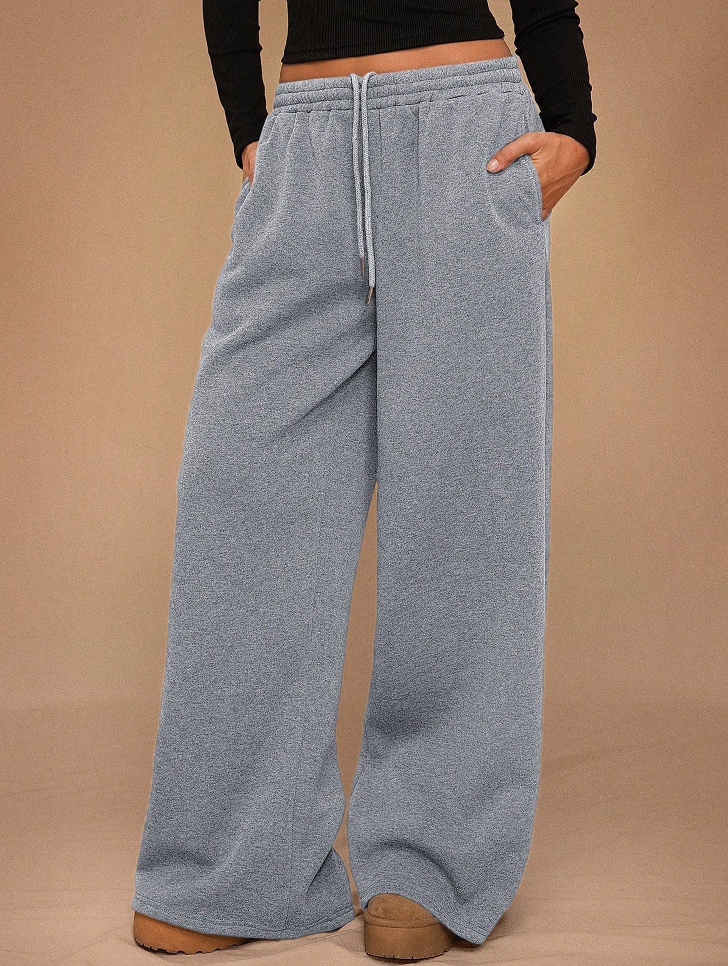Casual fleece-lined loose wide-leg trousers