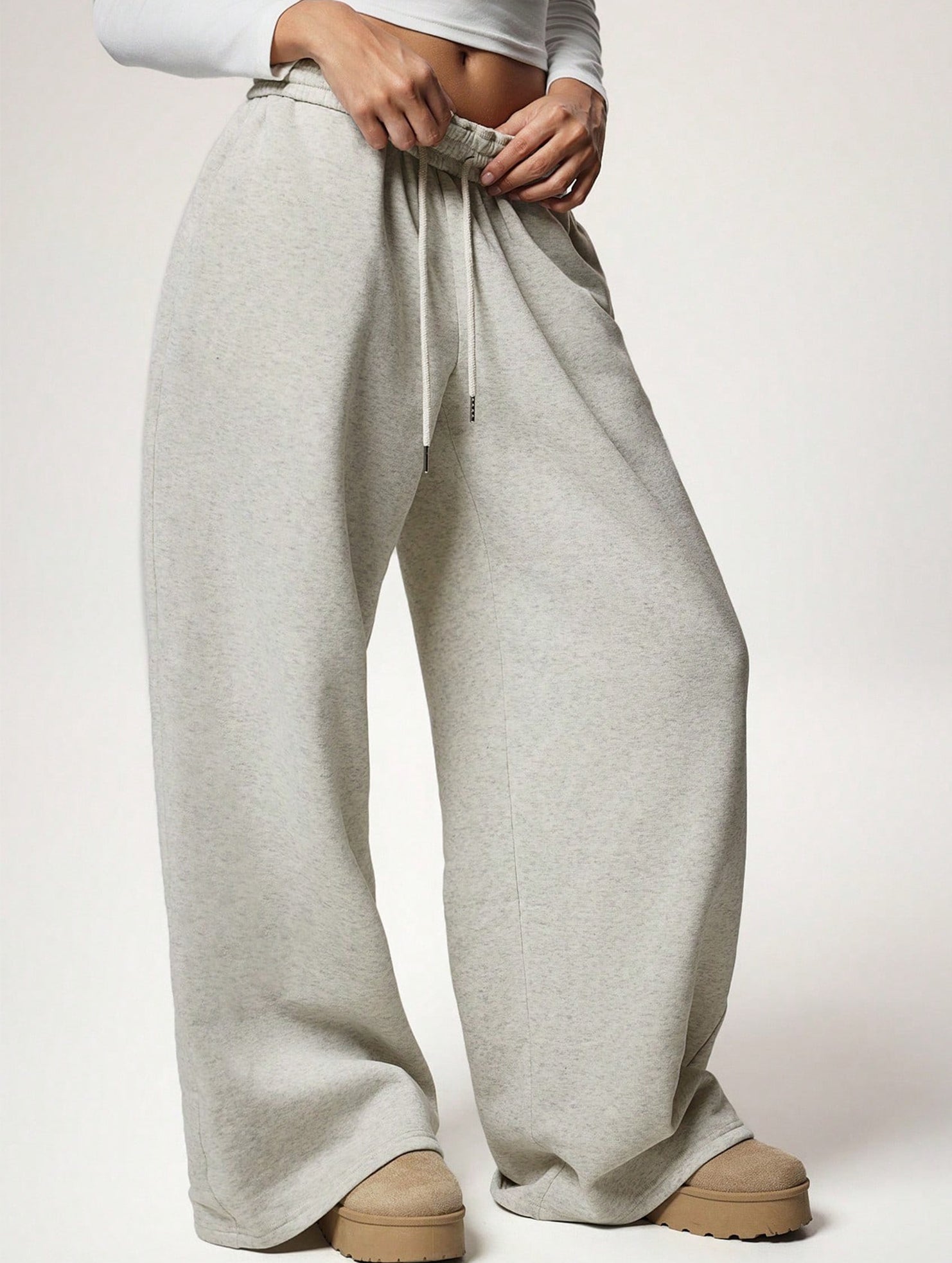 Casual fleece-lined loose wide-leg trousers