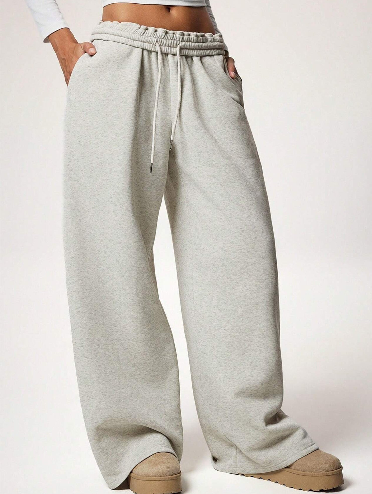 Casual fleece-lined loose wide-leg trousers