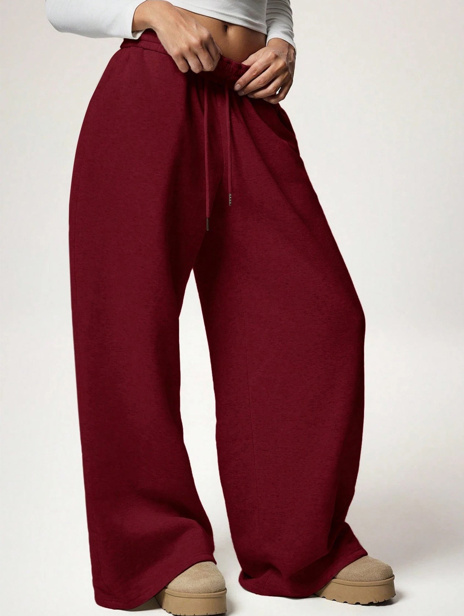 Casual fleece-lined loose wide-leg trousers