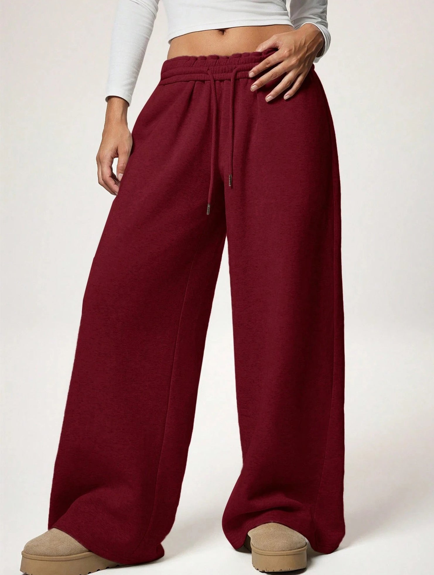 Casual fleece-lined loose wide-leg trousers