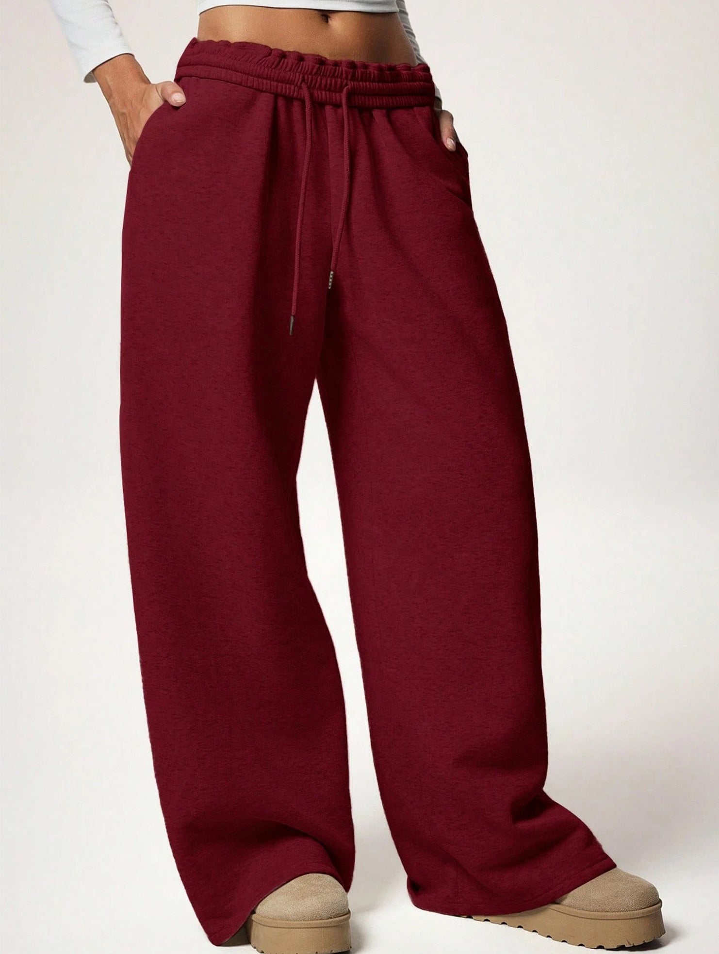 Casual fleece-lined loose wide-leg trousers