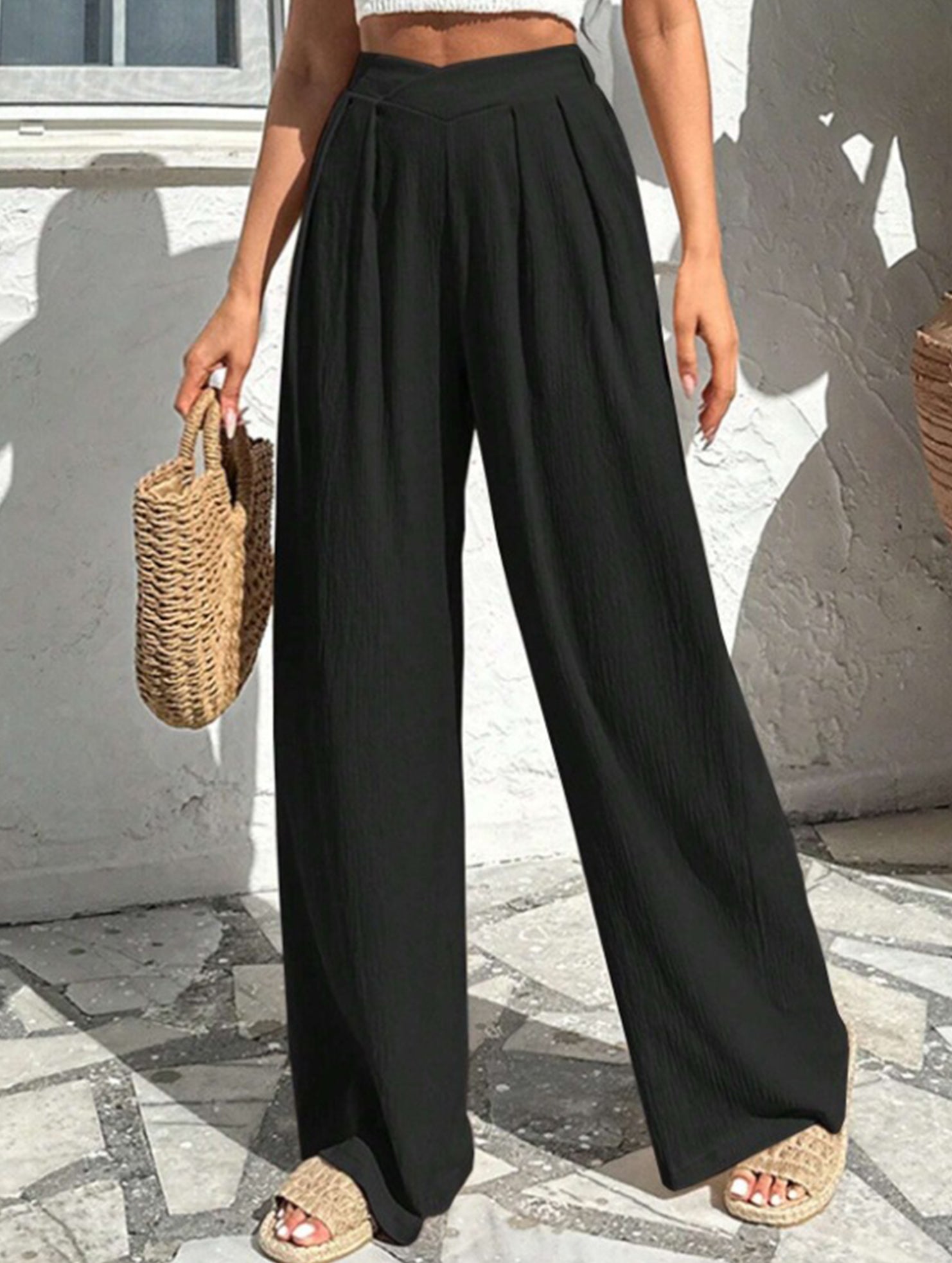 Cross-pleated high-waisted loose-fitting trousers