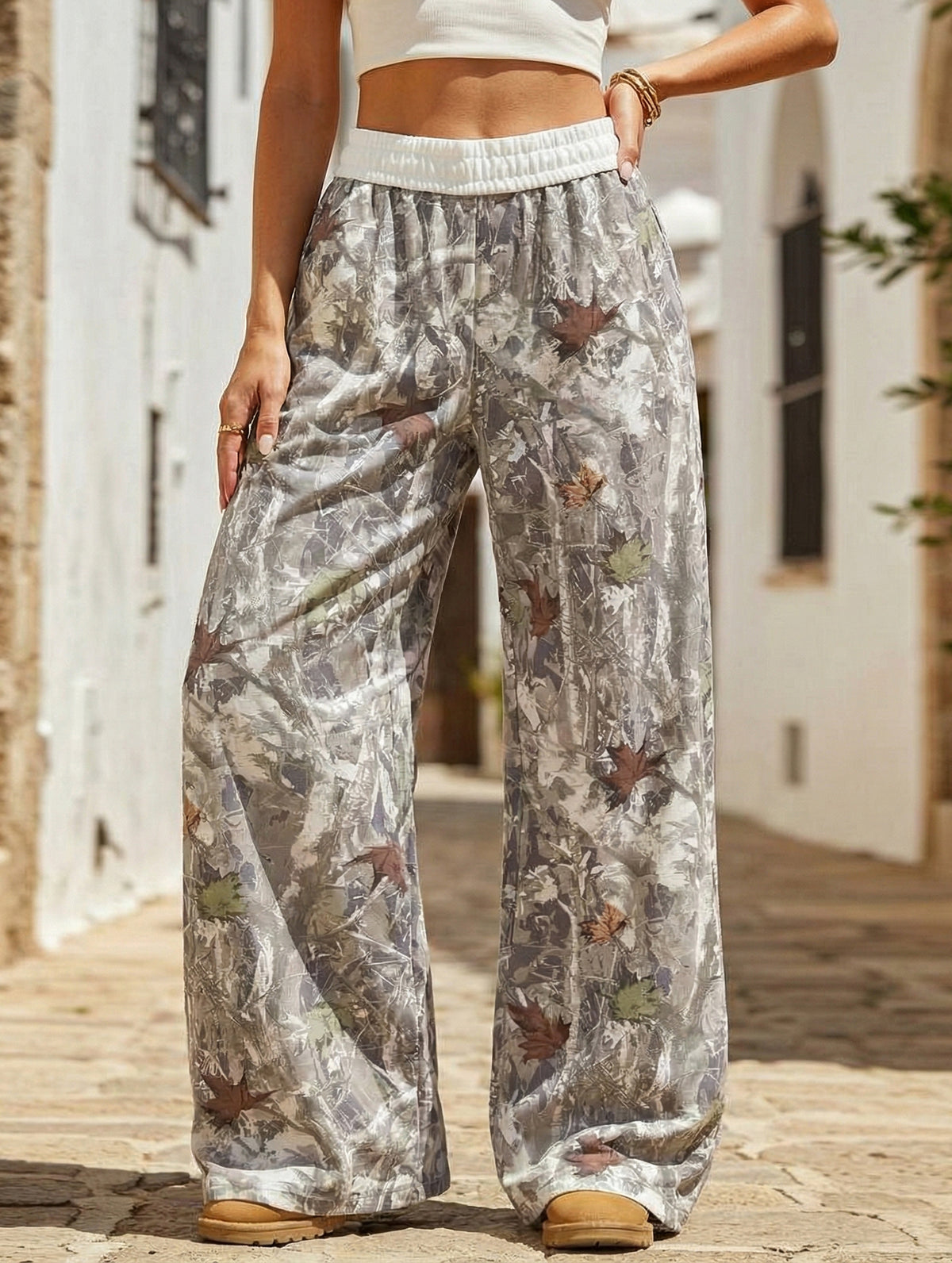 Casual floor-length loose high-waisted wide-leg pants