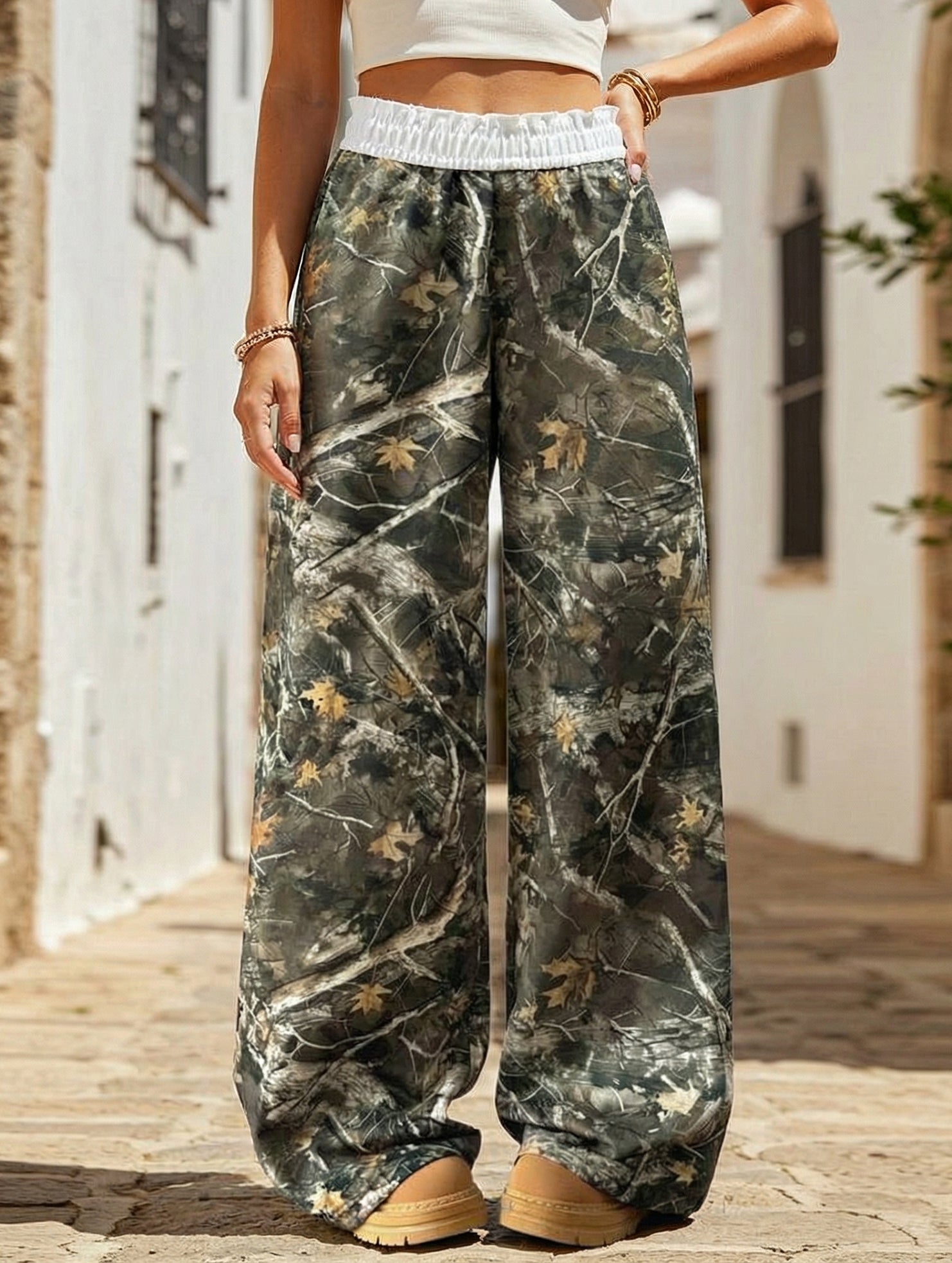 Casual floor-length loose high-waisted wide-leg pants