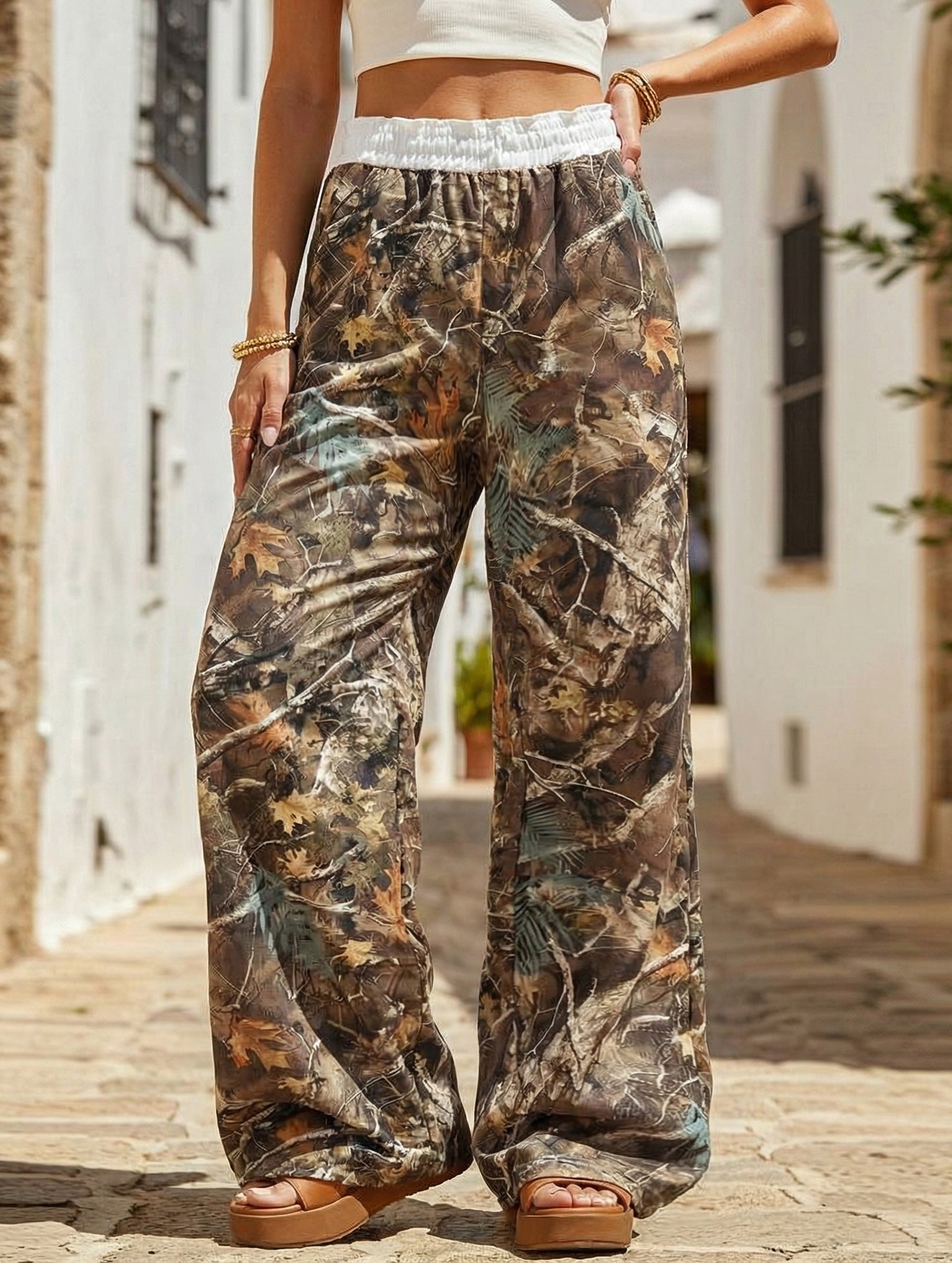 Casual floor-length loose high-waisted wide-leg pants