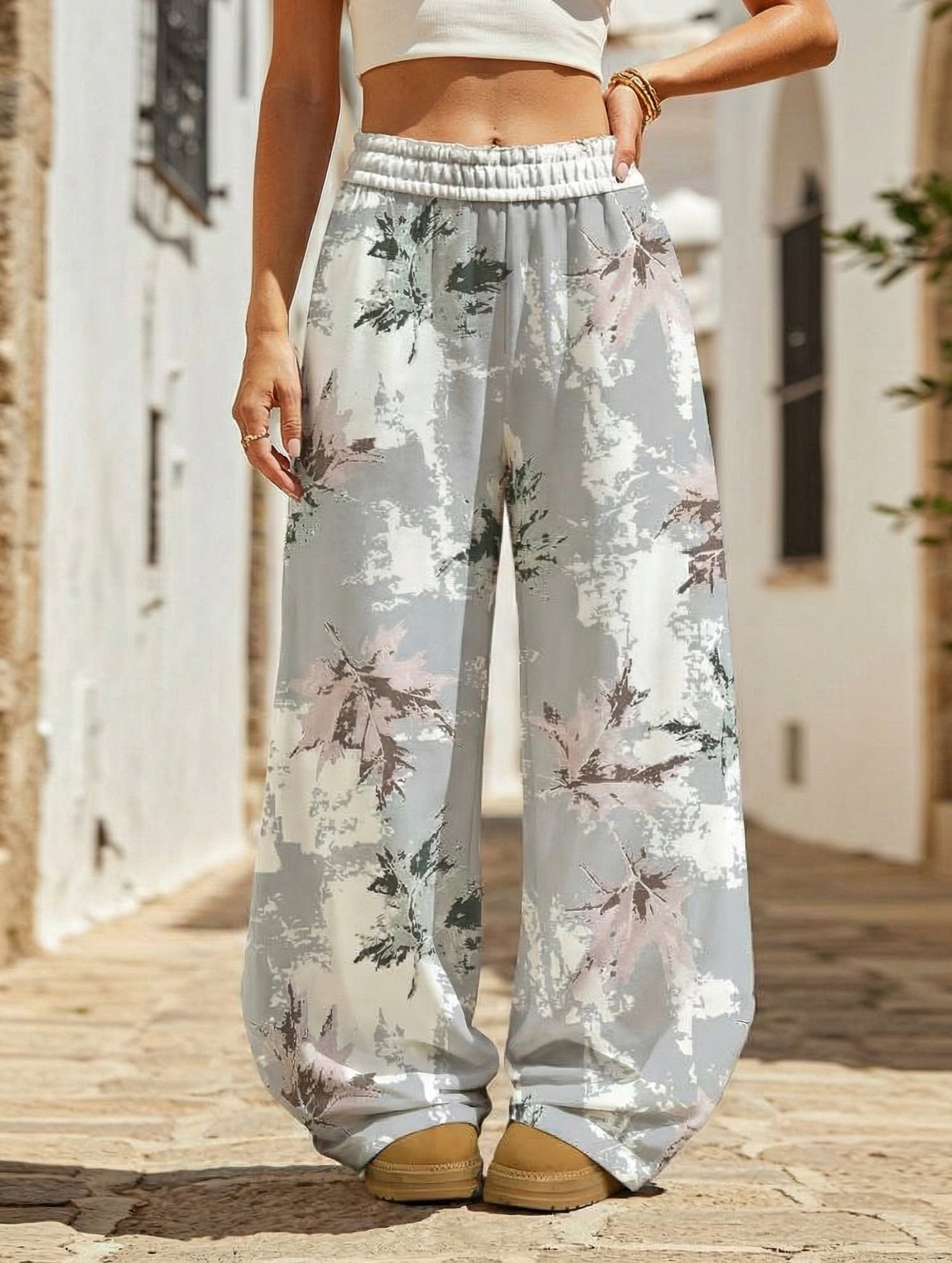 Casual floor-length loose high-waisted wide-leg pants