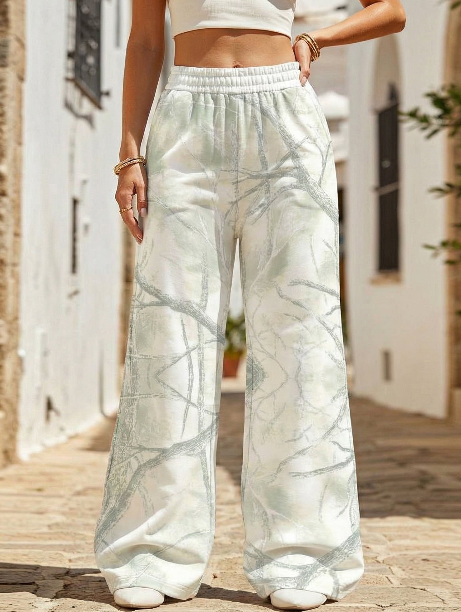 Casual floor-length loose high-waisted wide-leg pants