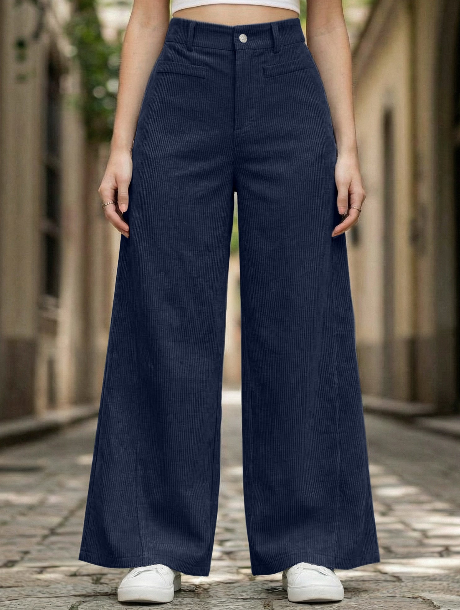 Lazy-style vertical striped wide-leg pants