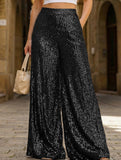 Fashionable high-waisted sequined wide-leg pants