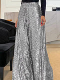 Fashionable high-waisted sequined wide-leg pants