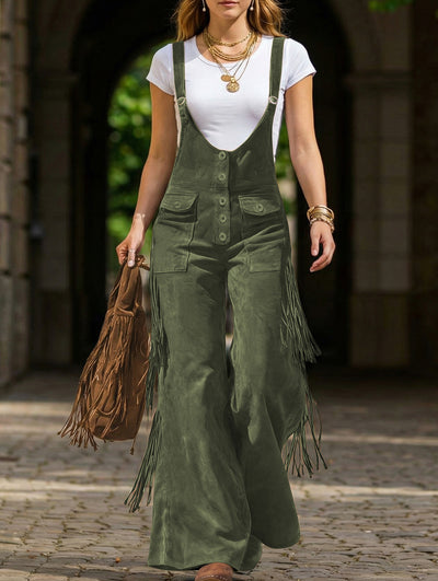Vintage suede fringed overalls_CWBLP01407