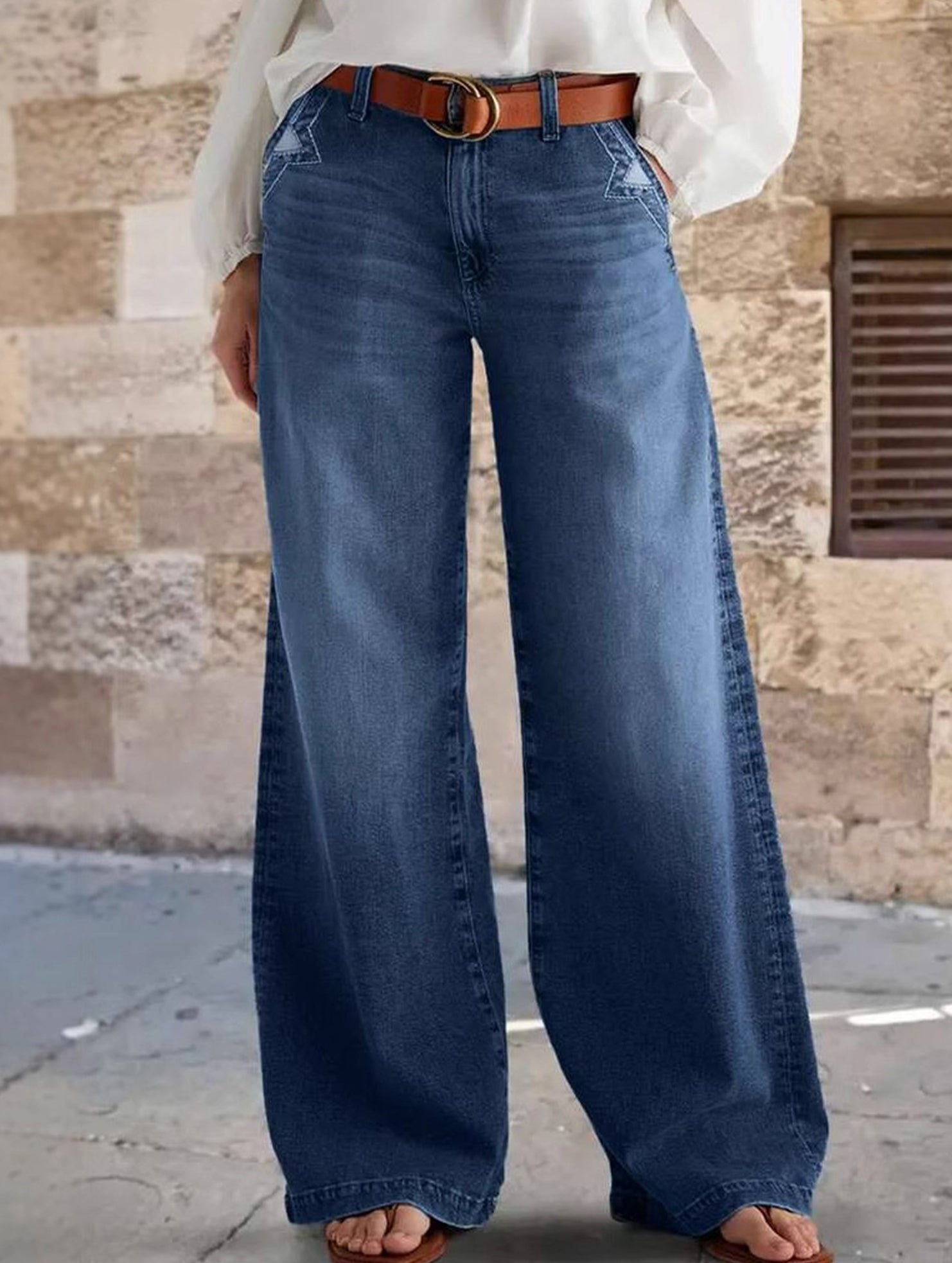 Wide-leg embroidered stretch straight leg casual jeans for women