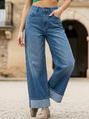 Casual rolled-up wide-leg jeans