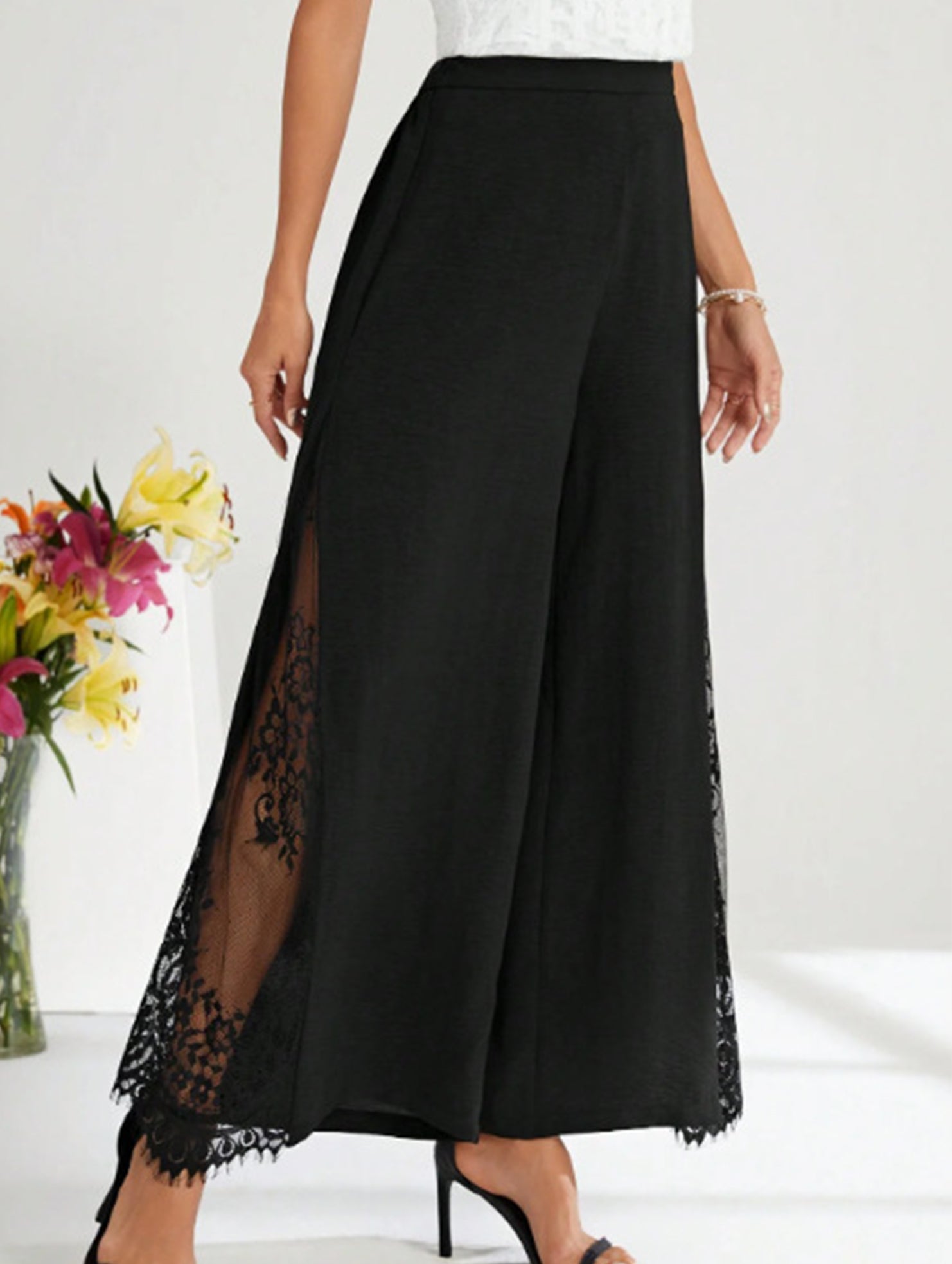 Elegant lace-trimmed high-waisted casual wide-leg pants