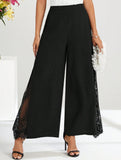 Elegant lace-trimmed high-waisted casual wide-leg pants
