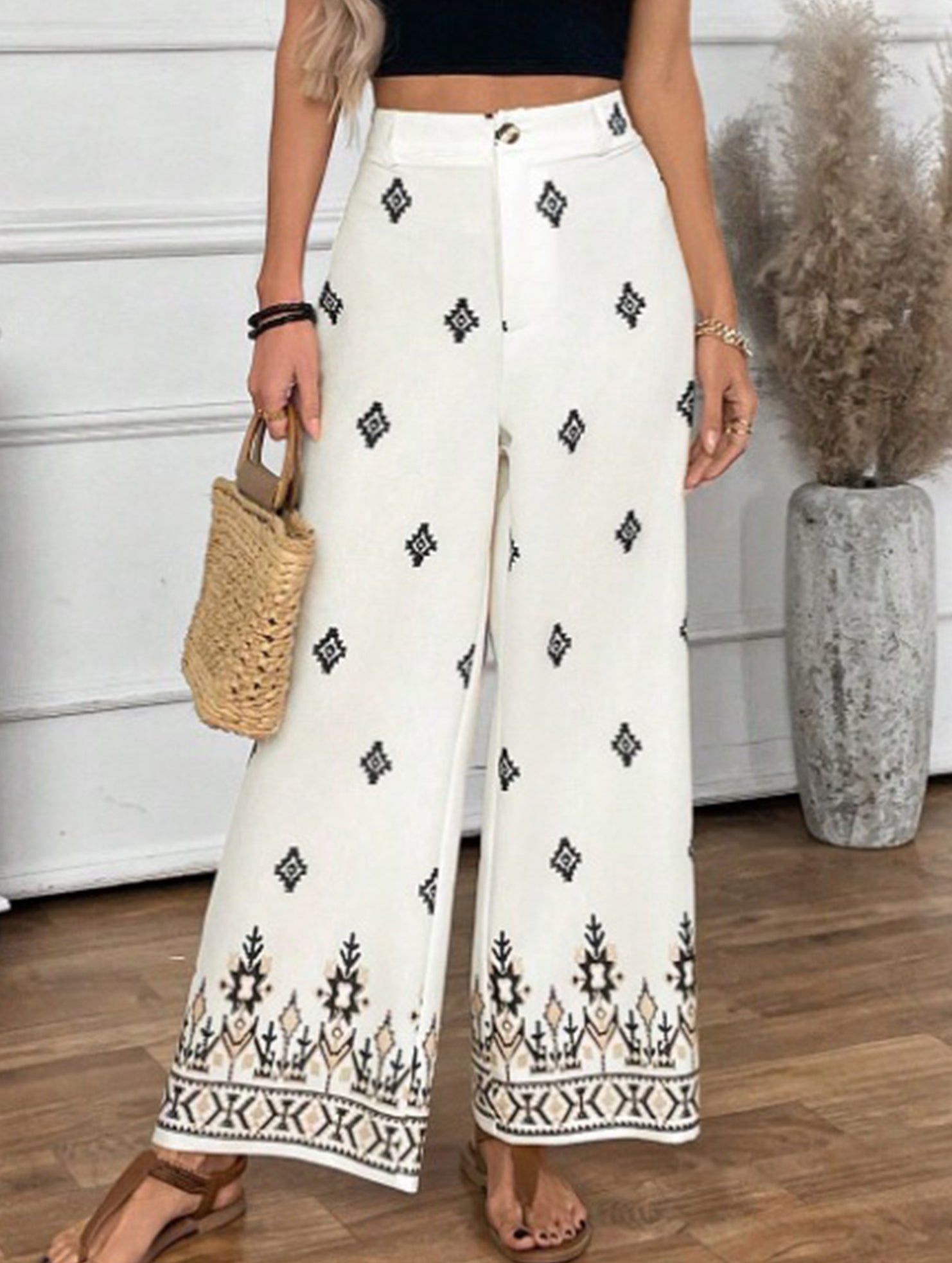 Fashionable printed bohemian resort style high-waisted wide-leg pants