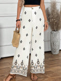 Fashionable printed bohemian resort style high-waisted wide-leg pants
