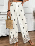 Fashionable printed bohemian resort style high-waisted wide-leg pants