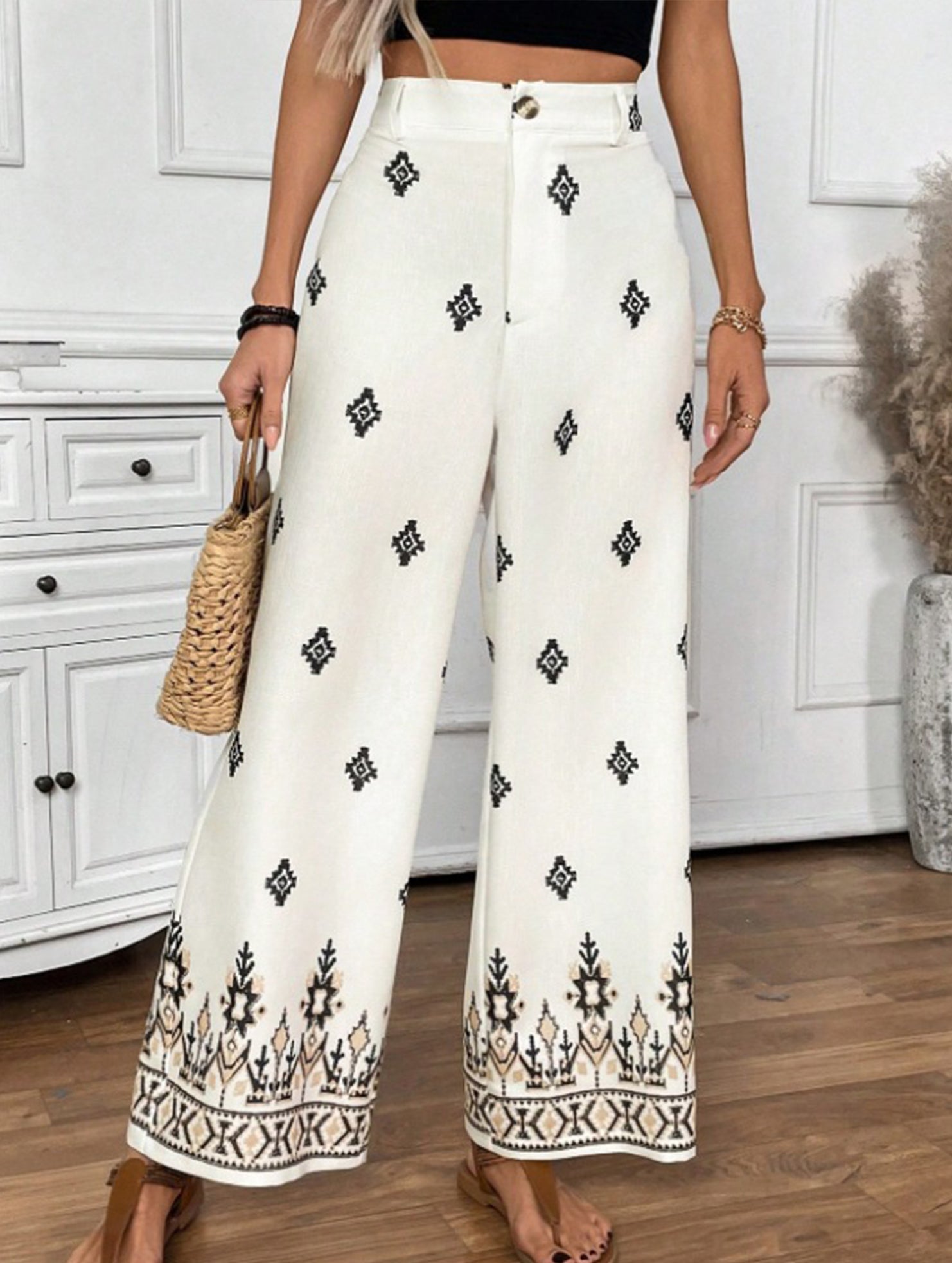 Fashionable printed bohemian resort style high-waisted wide-leg pants