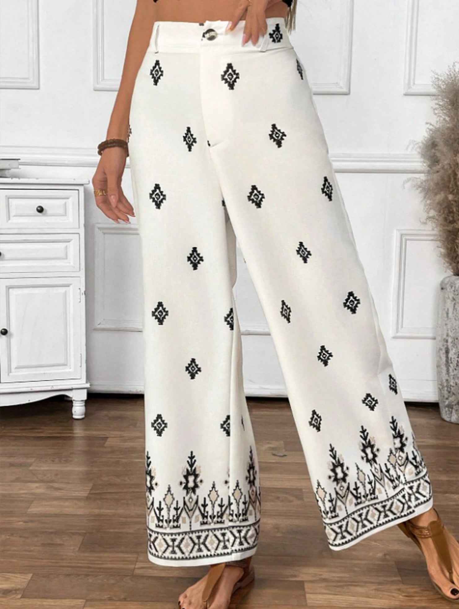 Fashionable printed bohemian resort style high-waisted wide-leg pants
