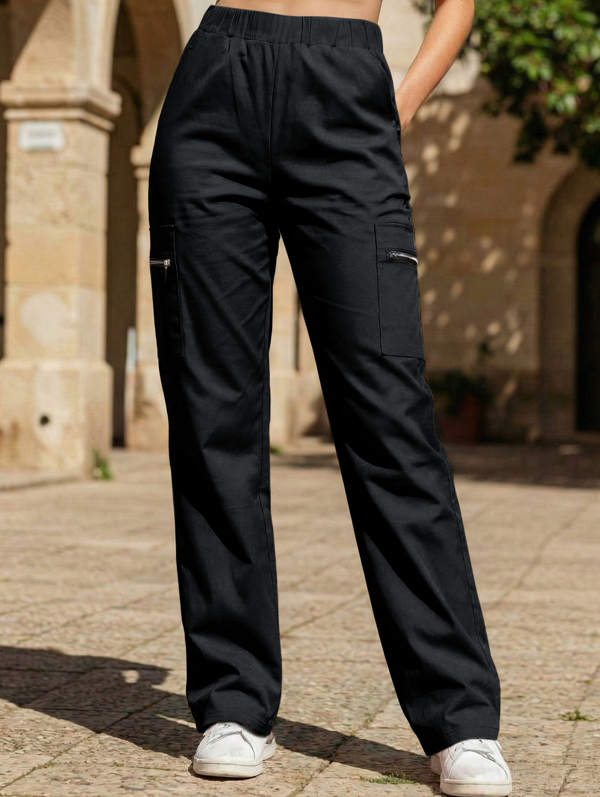 High-waisted, zippered, loose-fitting, straight-leg, floor-length trousers