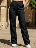 High-waisted, zippered, loose-fitting, straight-leg, floor-length trousers