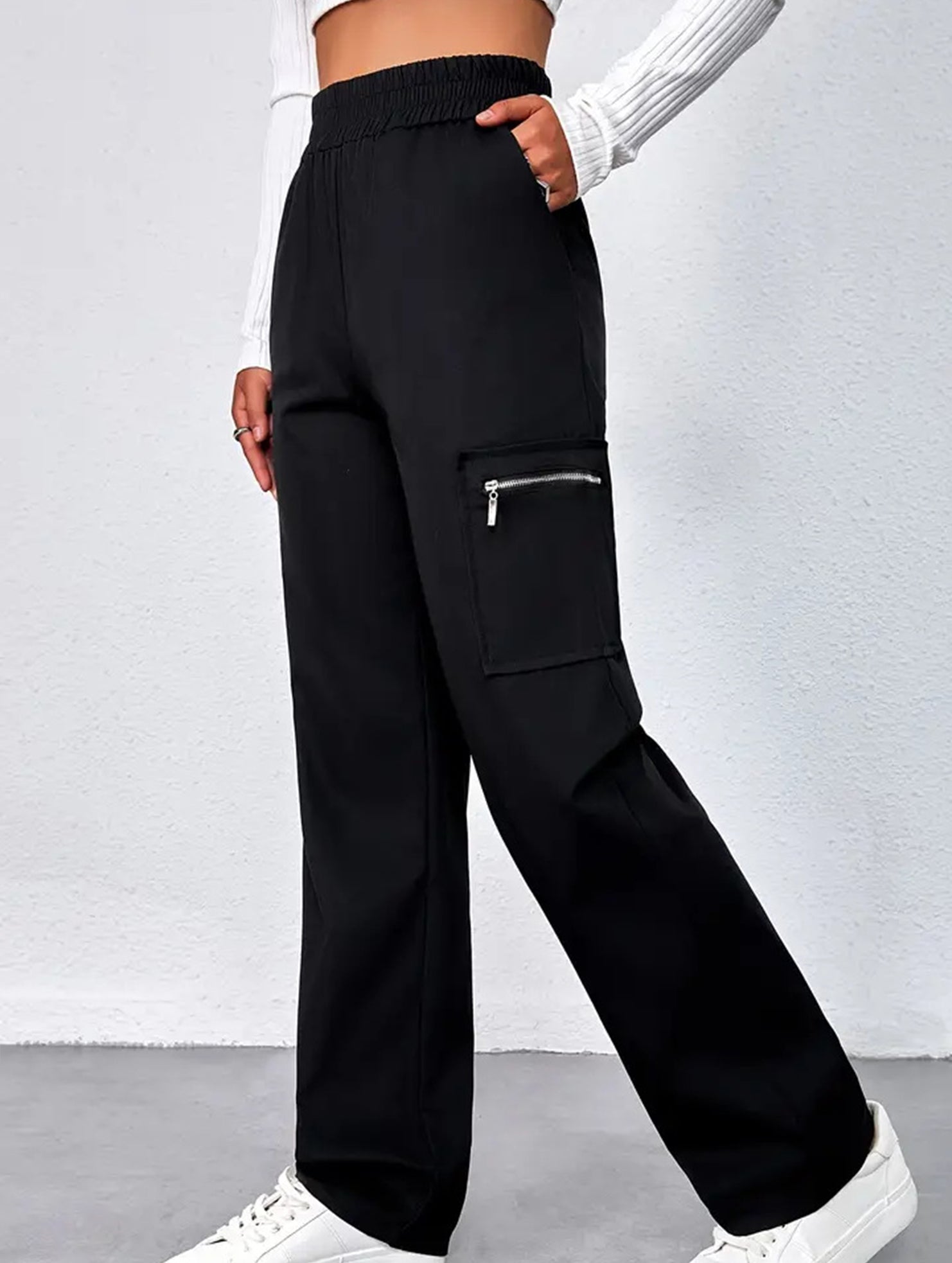 High-waisted, zippered, loose-fitting, straight-leg, floor-length trousers