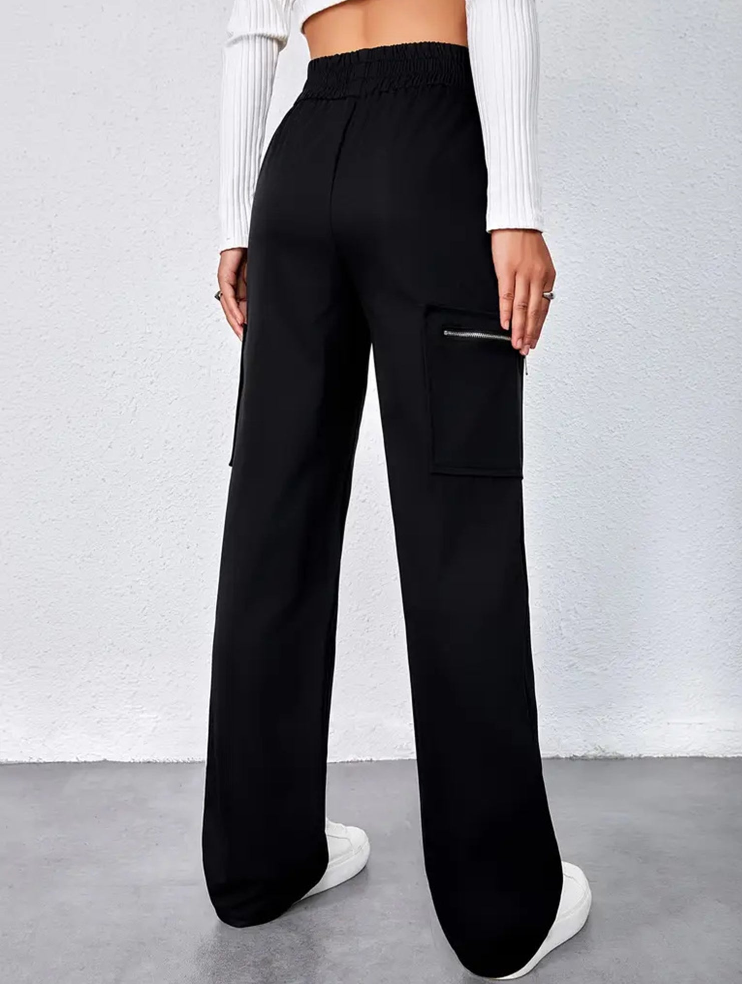 High-waisted, zippered, loose-fitting, straight-leg, floor-length trousers