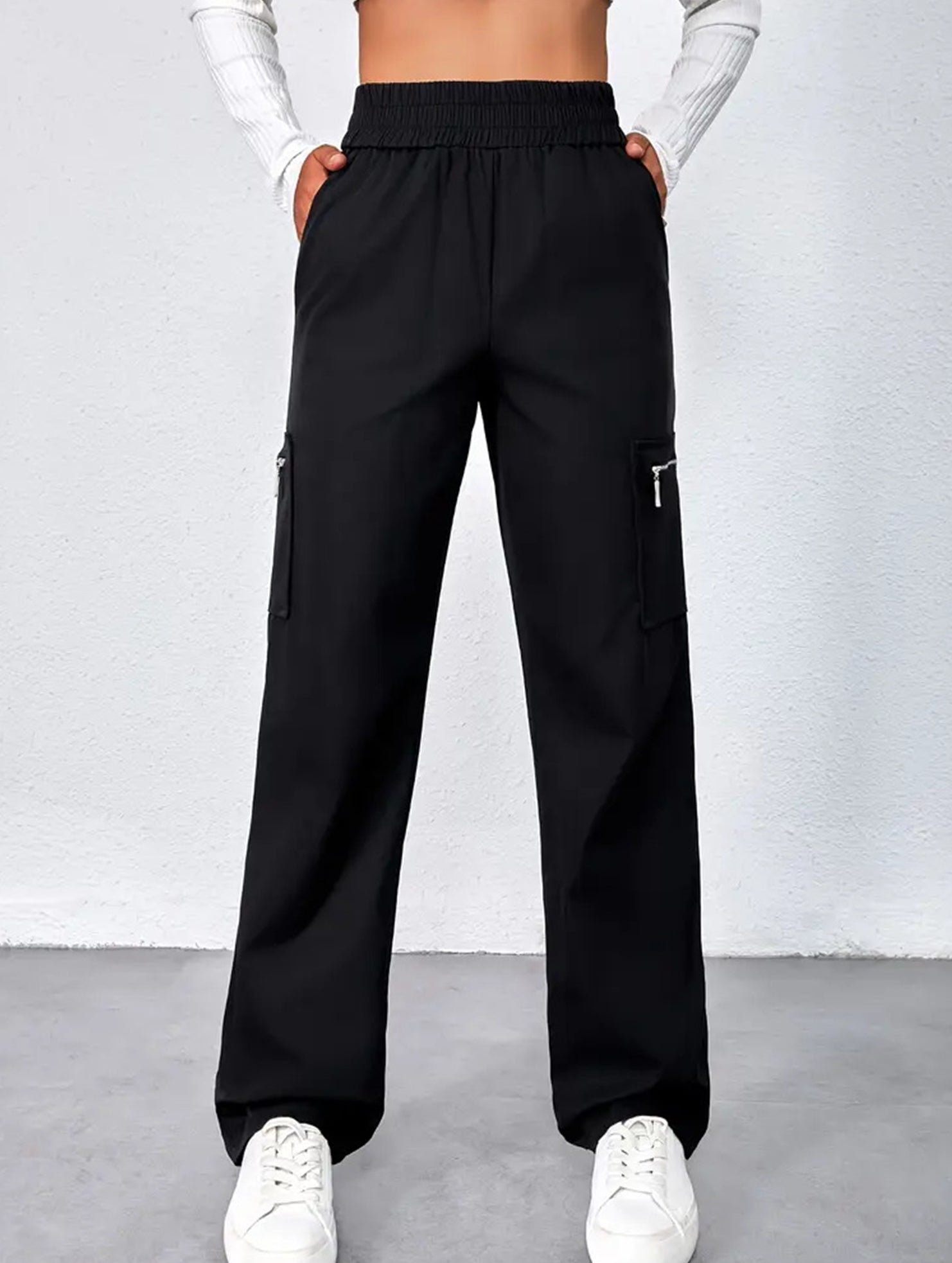 High-waisted, zippered, loose-fitting, straight-leg, floor-length trousers