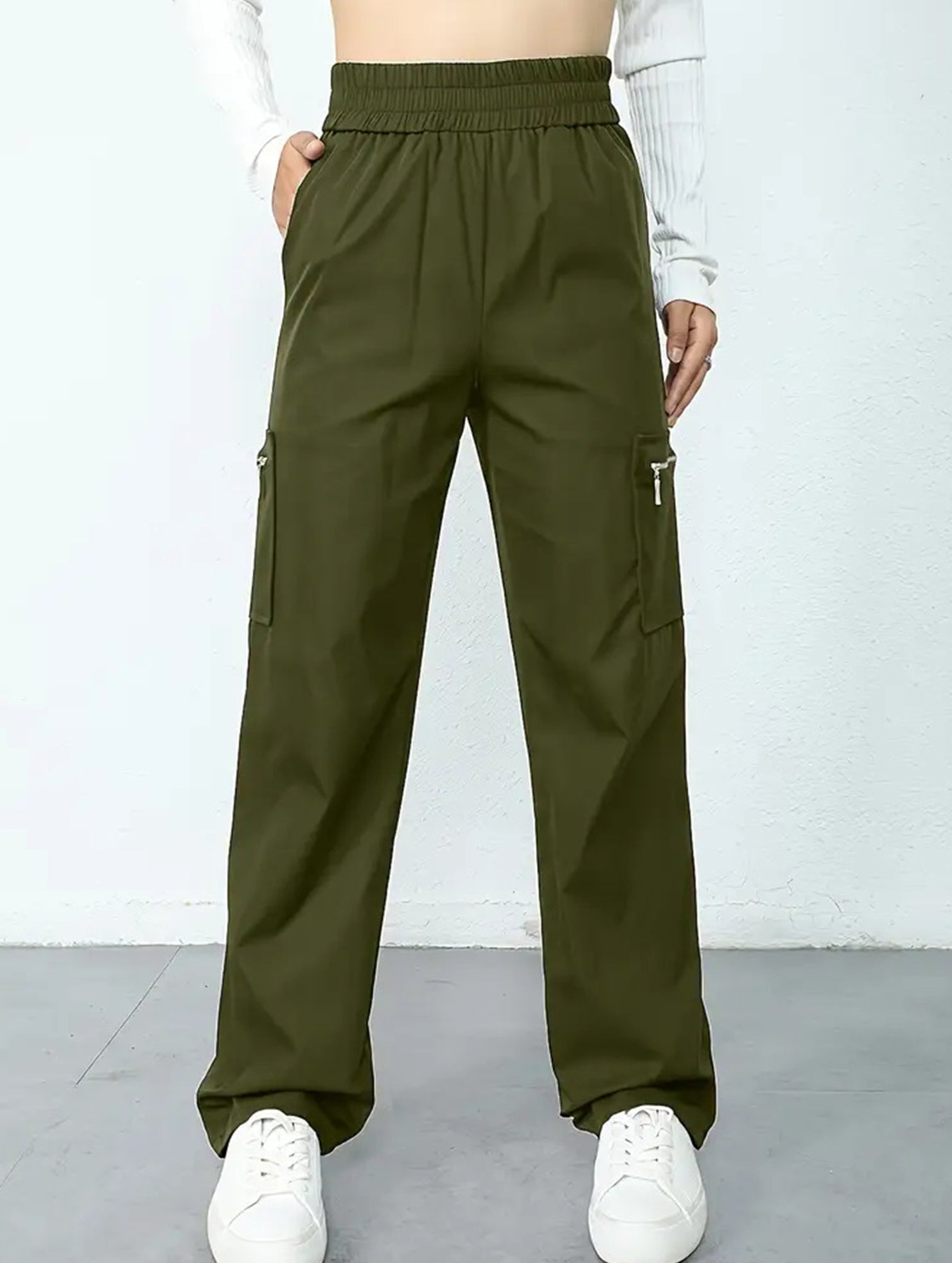 High-waisted, zippered, loose-fitting, straight-leg, floor-length trousers