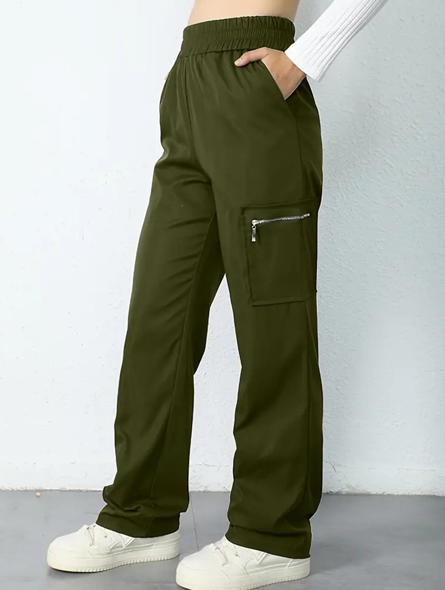 High-waisted, zippered, loose-fitting, straight-leg, floor-length trousers