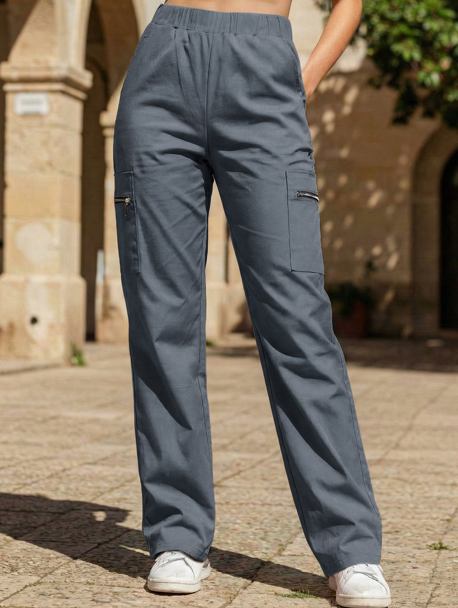 High-waisted, zippered, loose-fitting, straight-leg, floor-length trousers