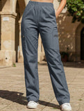 High-waisted, zippered, loose-fitting, straight-leg, floor-length trousers