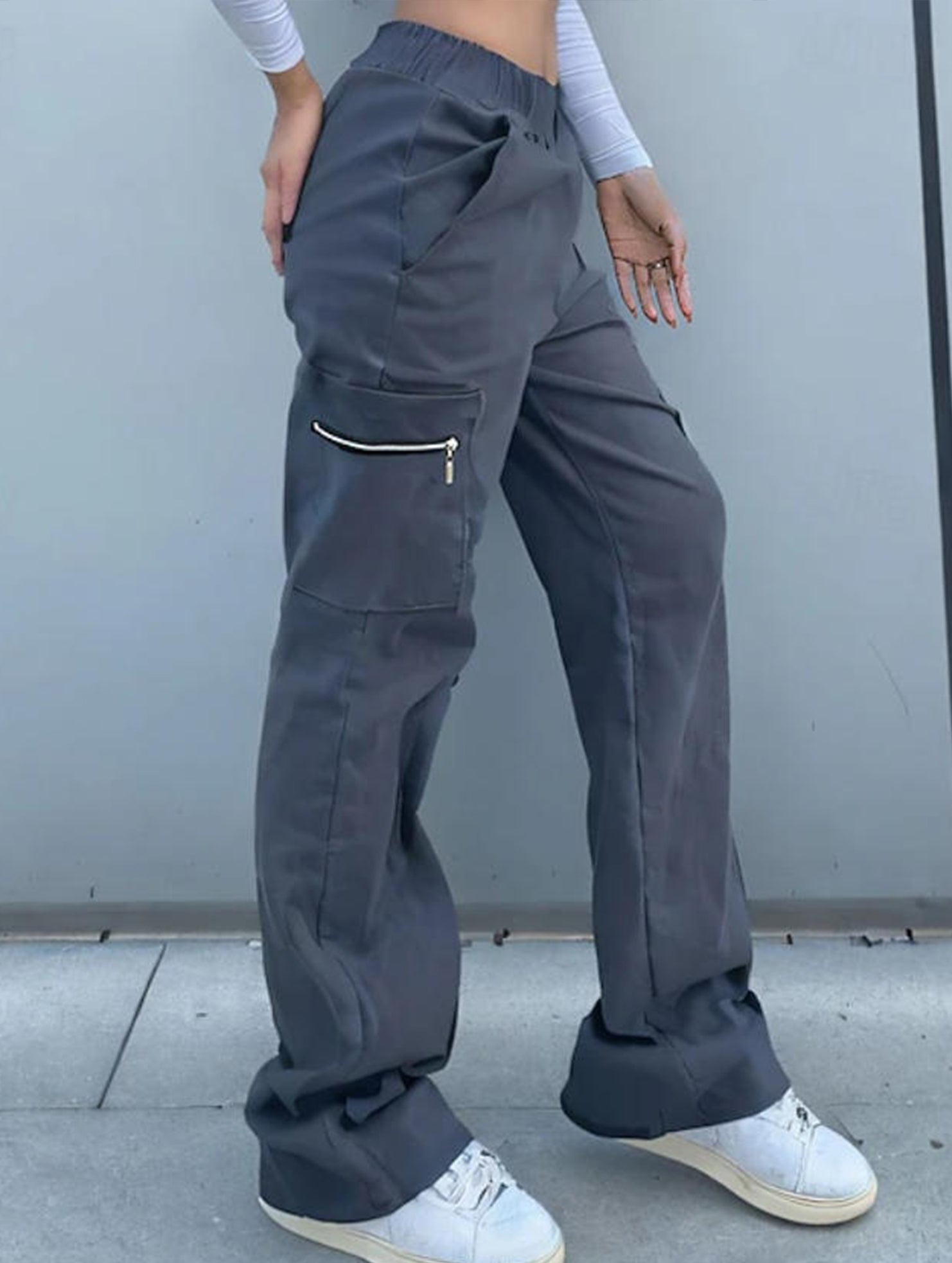 High-waisted, zippered, loose-fitting, straight-leg, floor-length trousers