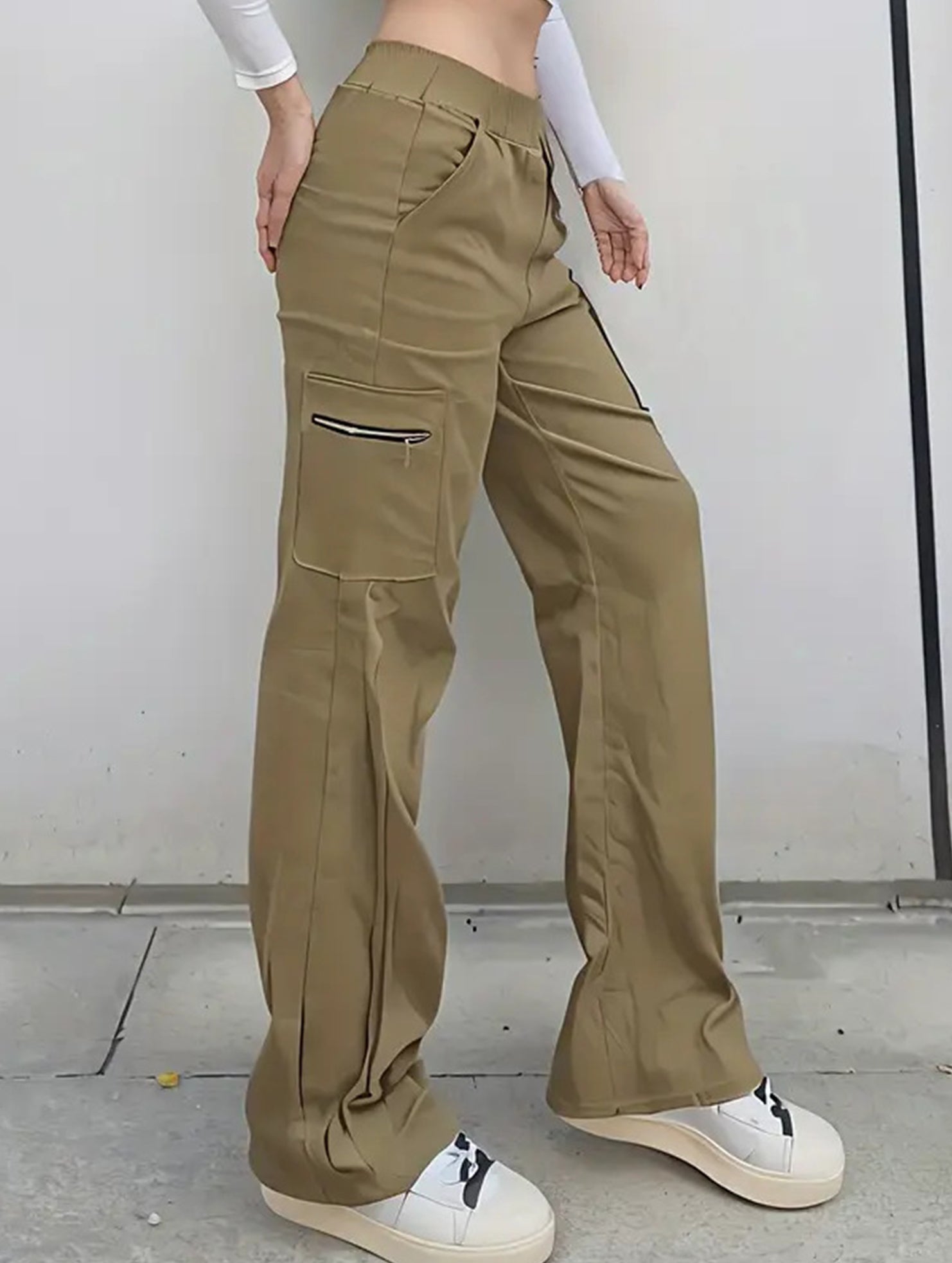 High-waisted, zippered, loose-fitting, straight-leg, floor-length trousers