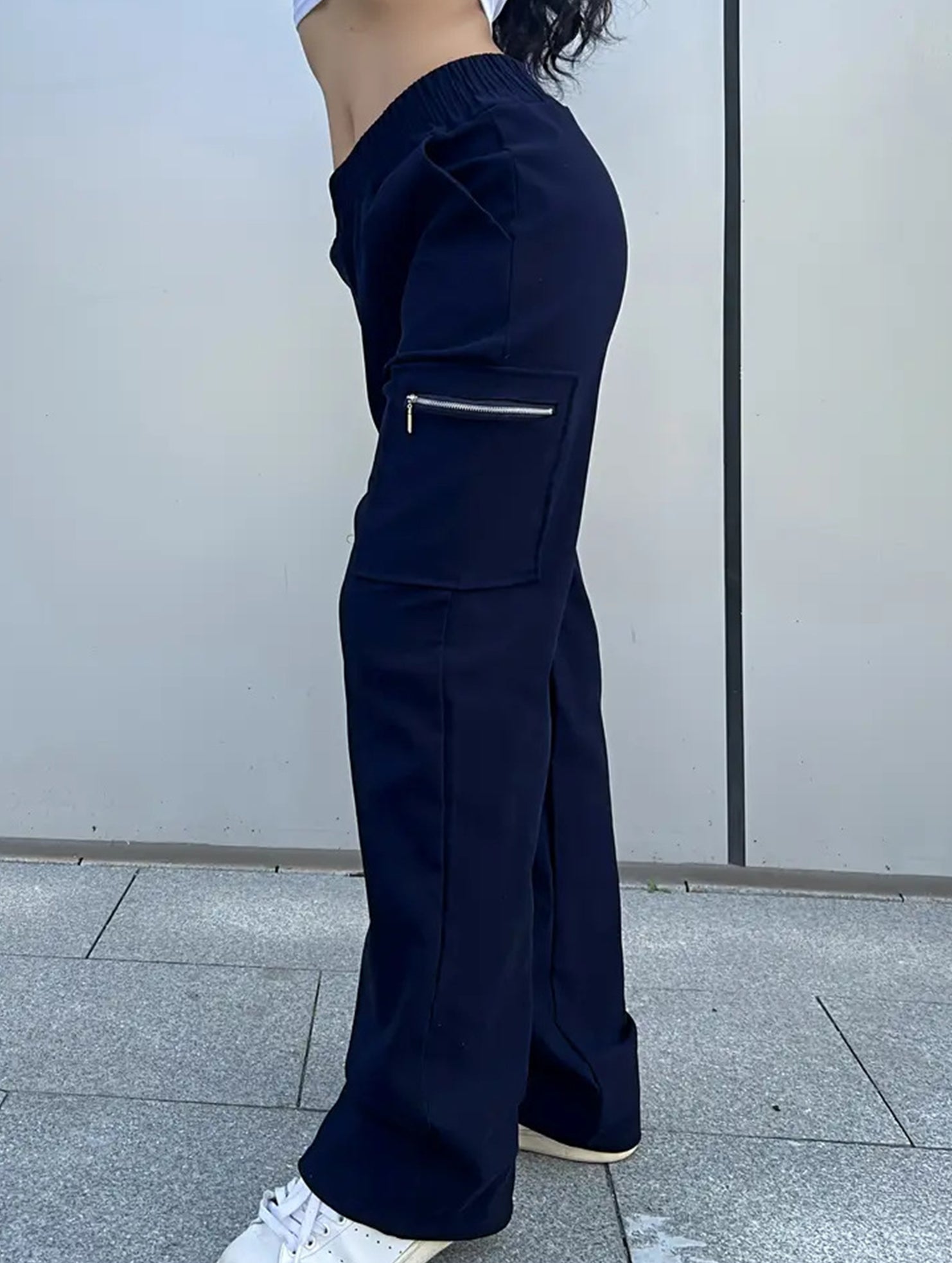 High-waisted, zippered, loose-fitting, straight-leg, floor-length trousers