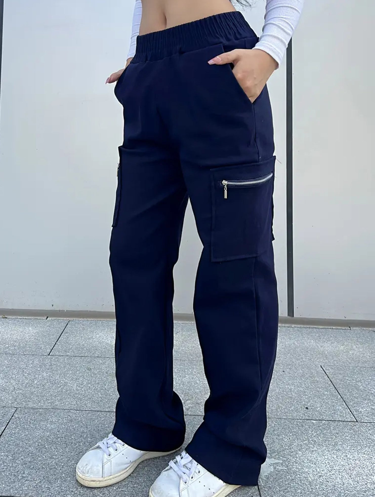 High-waisted, zippered, loose-fitting, straight-leg, floor-length trousers