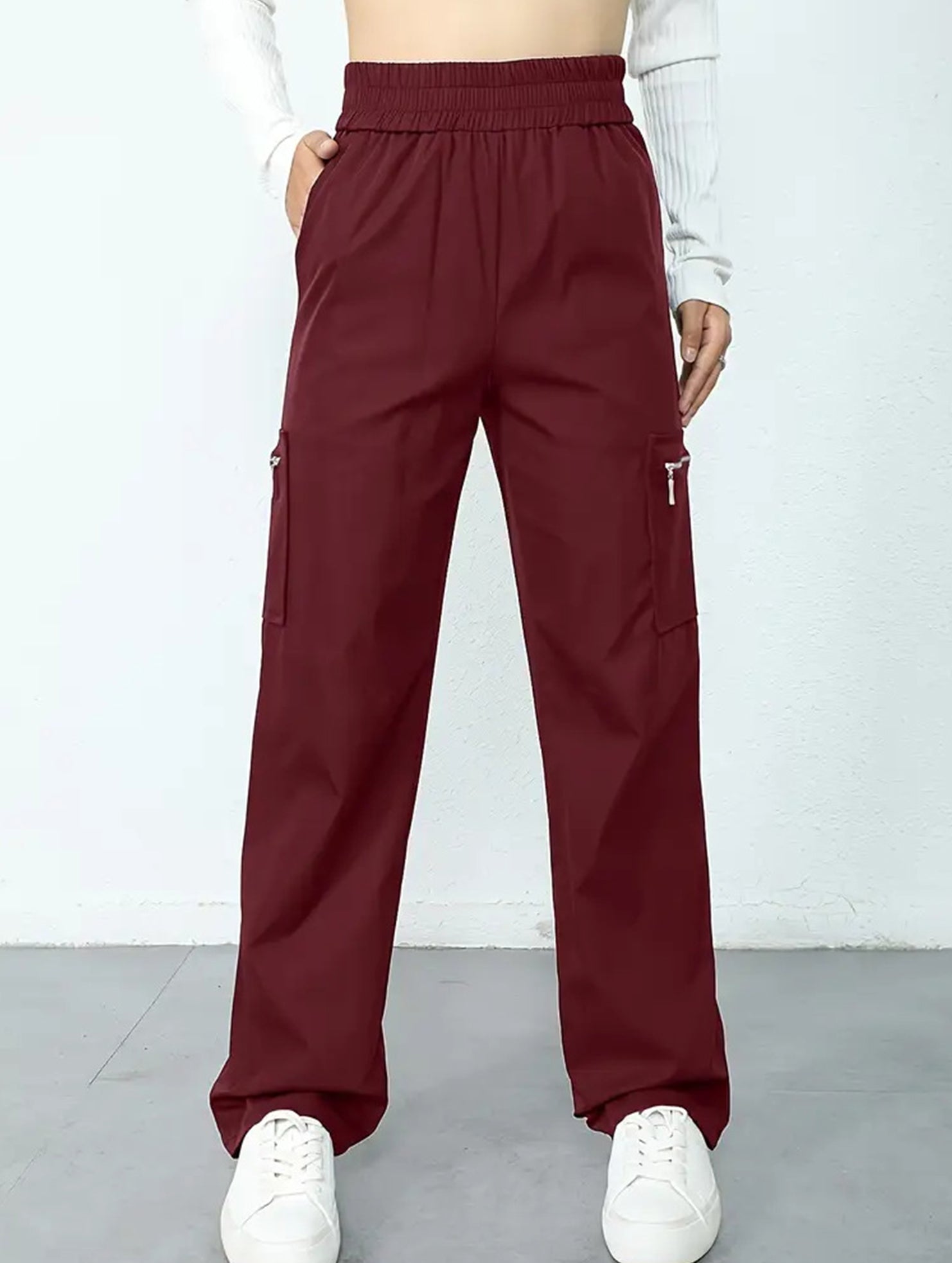 High-waisted, zippered, loose-fitting, straight-leg, floor-length trousers