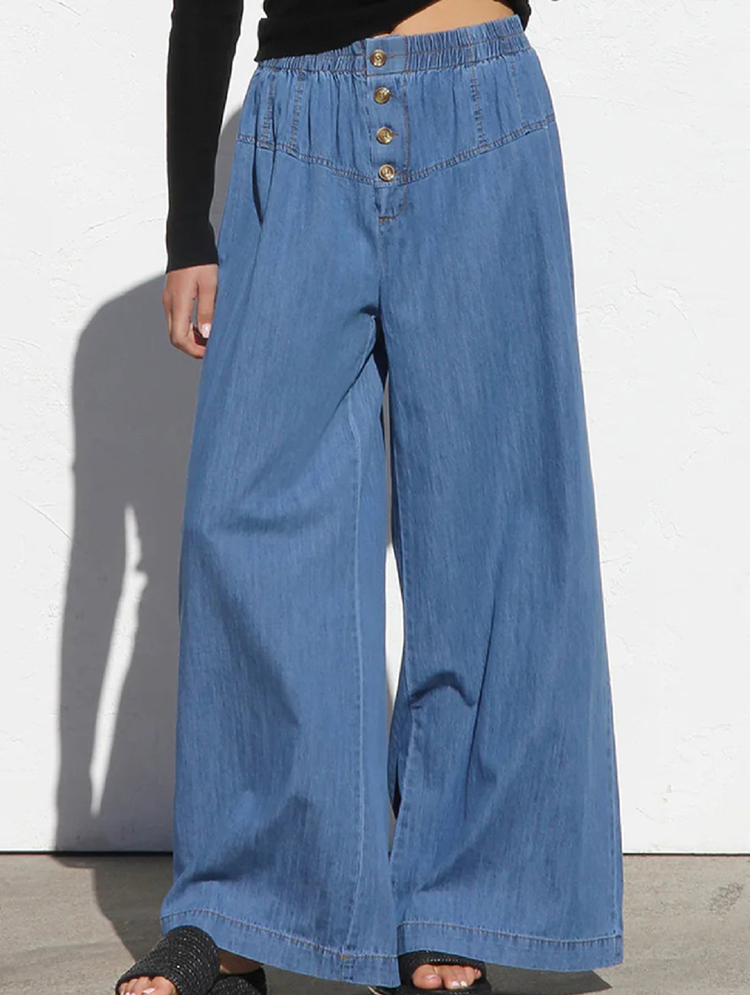 Elastic Waist Wide Leg Vintage Denim Pants_CWBLP01460