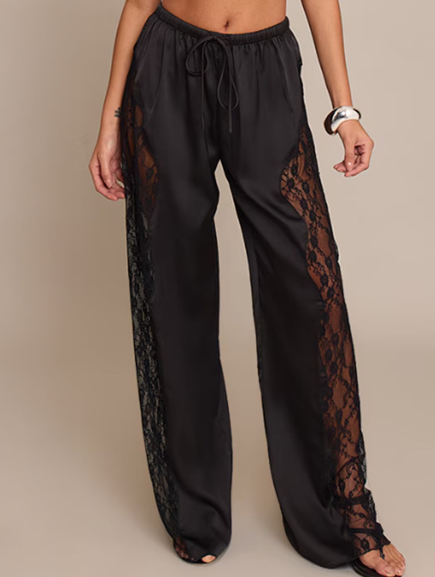 Solid Satin Lace Loose Wide Leg Pants