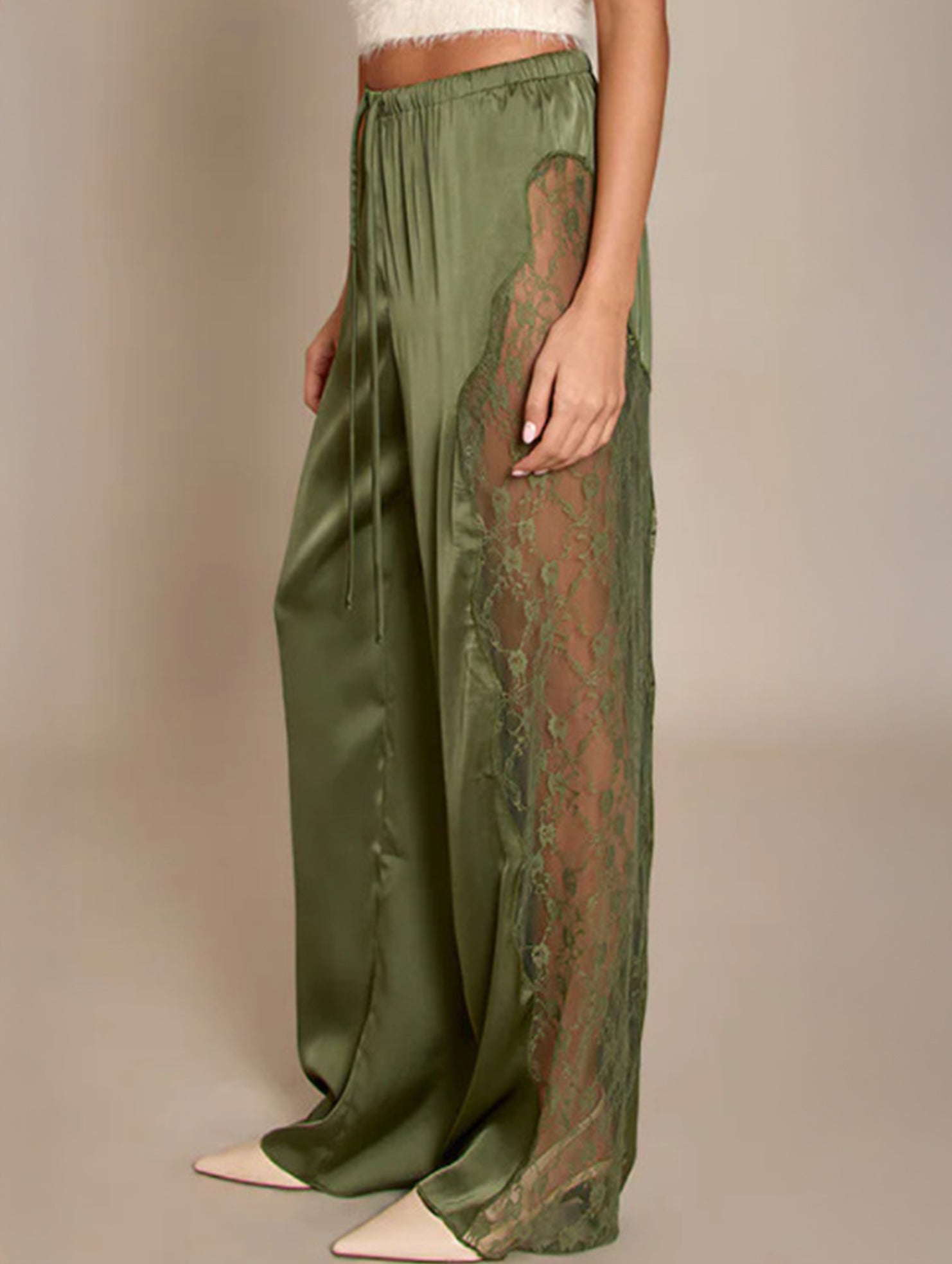 Solid Satin Lace Loose Wide Leg Pants