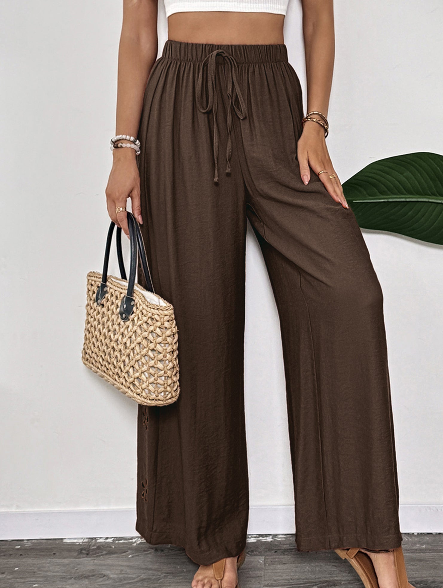 Casual and simple embroidered wide-leg pants for women